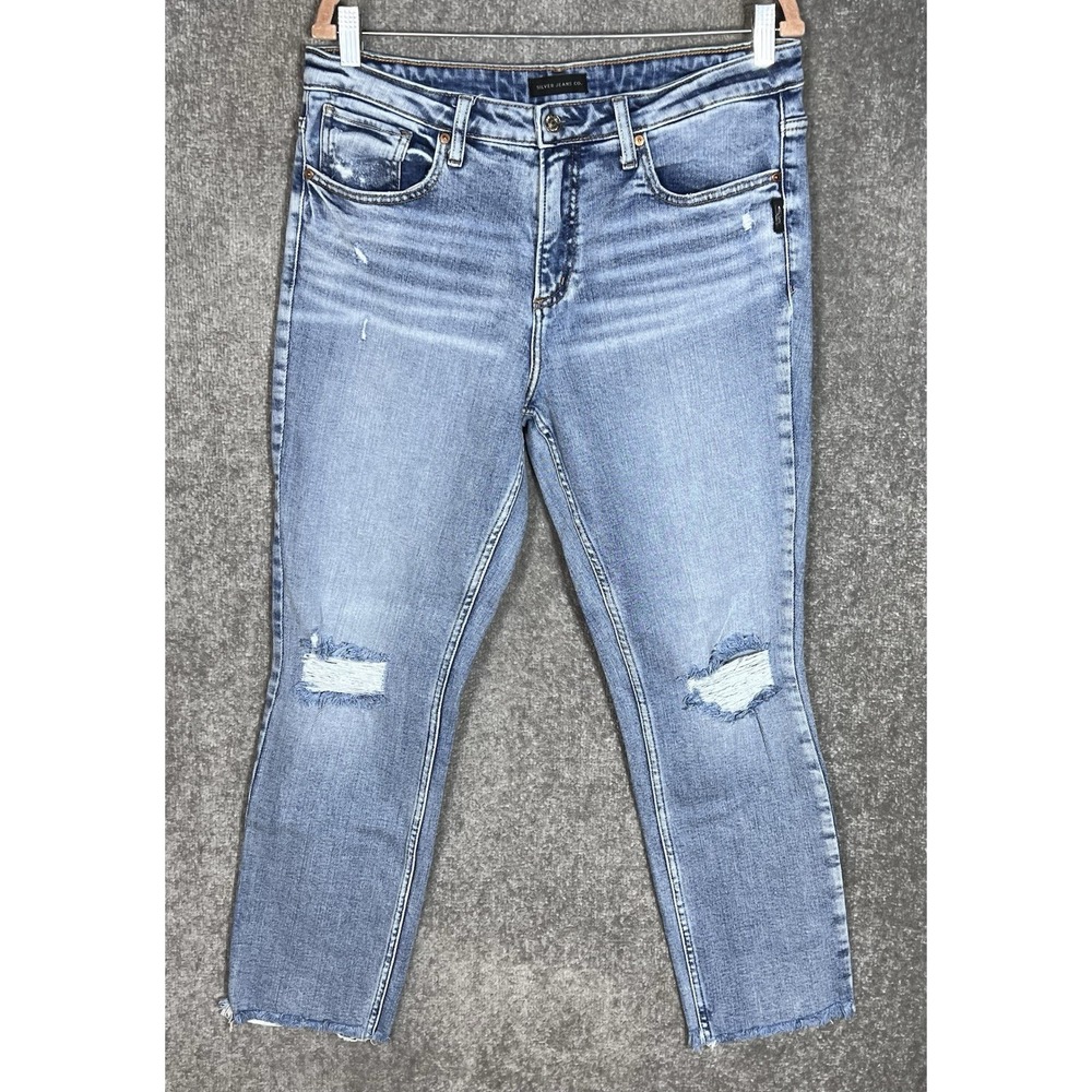 Silver Beau Jeans Womens Size 30x28 Blue Stretch Distressed High Rise Denim